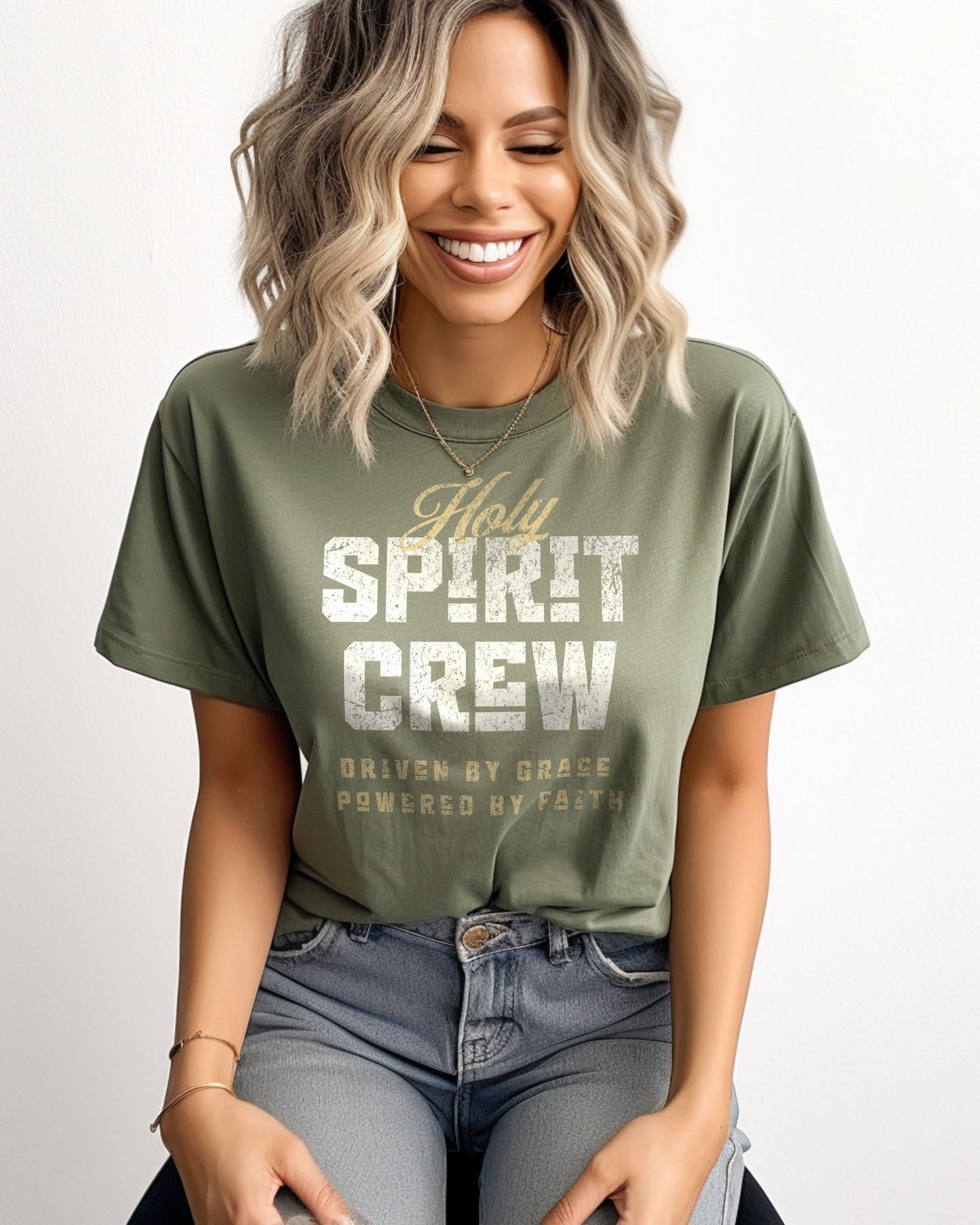 Holy Spirit Crew Tee, Driven by Grace, Powered by Faith - Moss