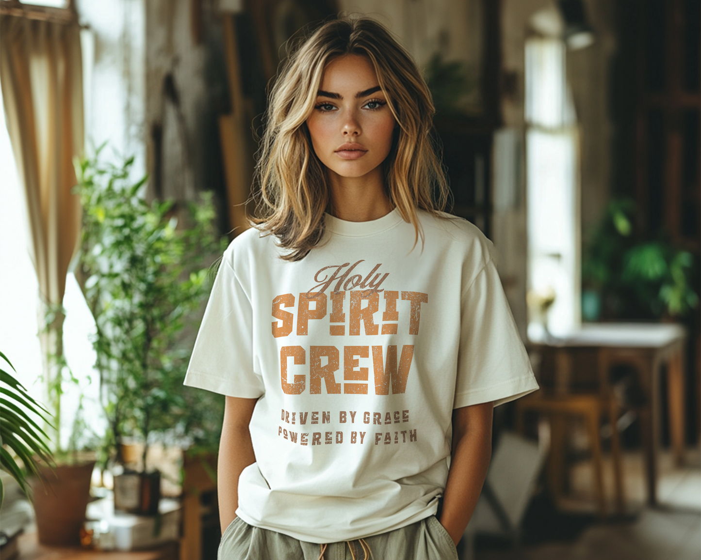 Holy Spirit Crew Tee, Driven by Grace, Powered by Faith - Ivory