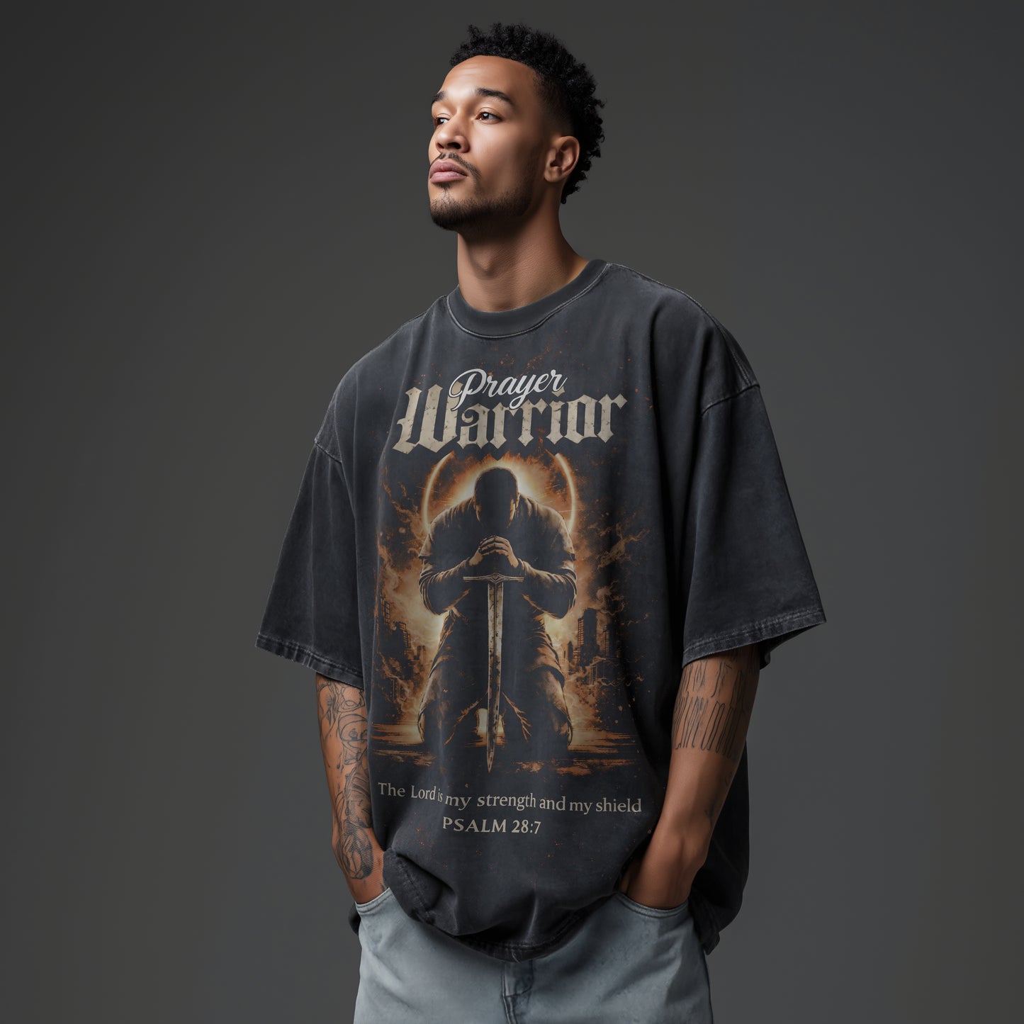 Prayer Warrior (Male) Snow Washed Oversized Tee