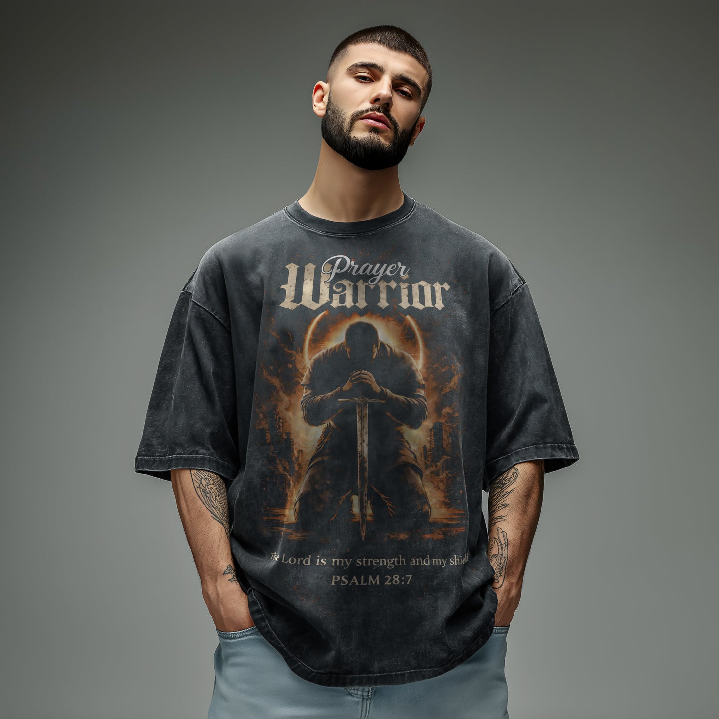 Prayer Warrior (Male) Snow Washed Oversized Tee